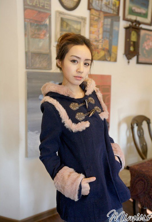 Hot 2012 new winter I sweet horn buckle cloak hooded rabbit fur coat jacket women M/L 2 color