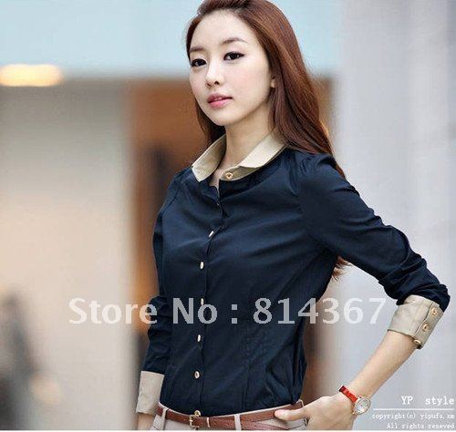HOT 2012 NEW Women's Basic OL Long Sleeve Solid Color Contrast Trim Color Shirt Blouse TOPNO.0051