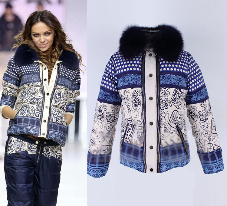 Hot!!!2012 Winter Fashion Women's High Quality Fur Collar Printed Fashion Down Jacket Designer Blue Warm Down Parkas SS12553