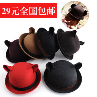 Hot arrived Cat ears cashmere wool roll-up hem dome hat bow fedoras