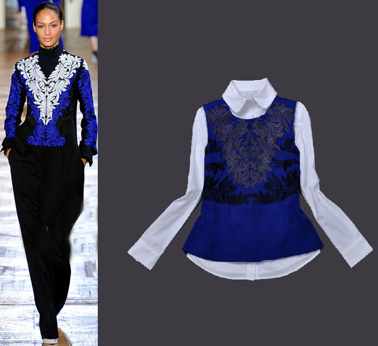 Hot!!!Autumn/Winter Europe Fashion White Shirt With Embroidery Vintage Blue Vest Street Fashion Twinset SS12609