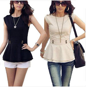 Hot Black Beige Work Business Office Womens Vintage Sleeveless Peplum Top Blouse