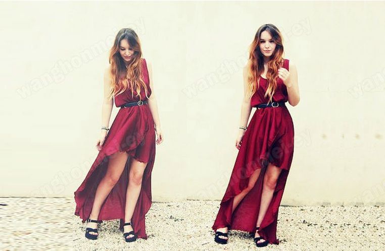 Hot Black Wine Red Fashin Women's Sexy Sleeveless Irregular Chiffon Skirt Dress