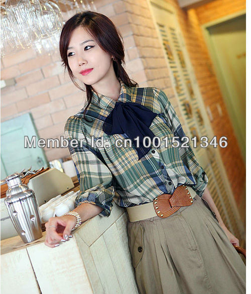 Hot!  Casual Long Sleeve Plaid Shirt Blouse Top (With Chiffon Bow) NO.0007