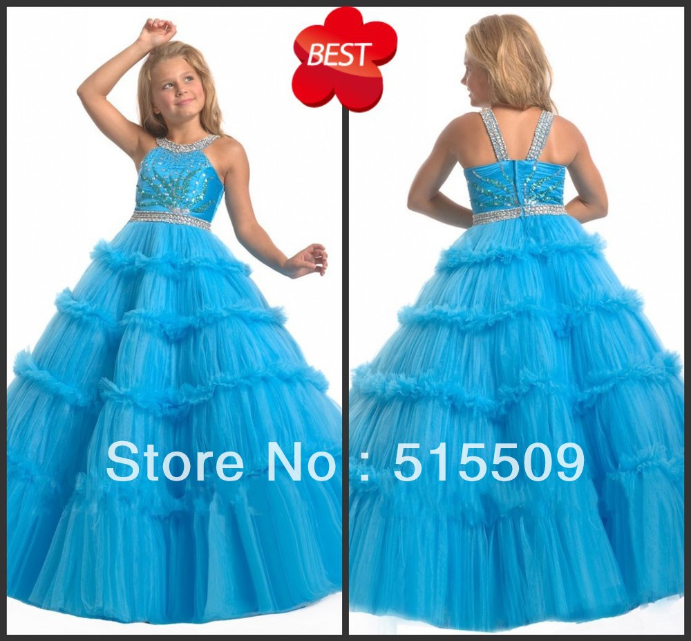 Hot! Custom Made! Blue Organza Girl's Pageant Gowns Pleated Beads Sequins Crystal Girl's Formal Dress