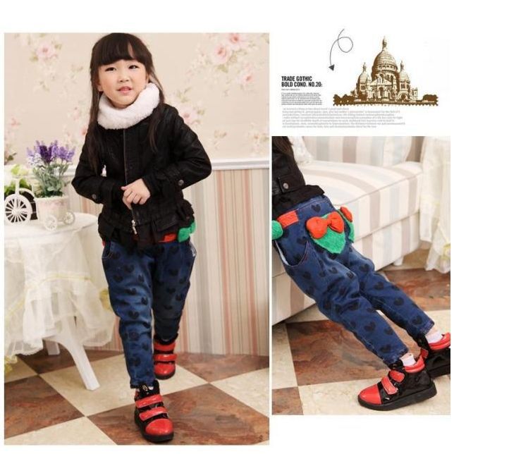 hot design baby girl's denim long trouses children cute love heart with bow jeans children casual blue pants 5pc free shipping