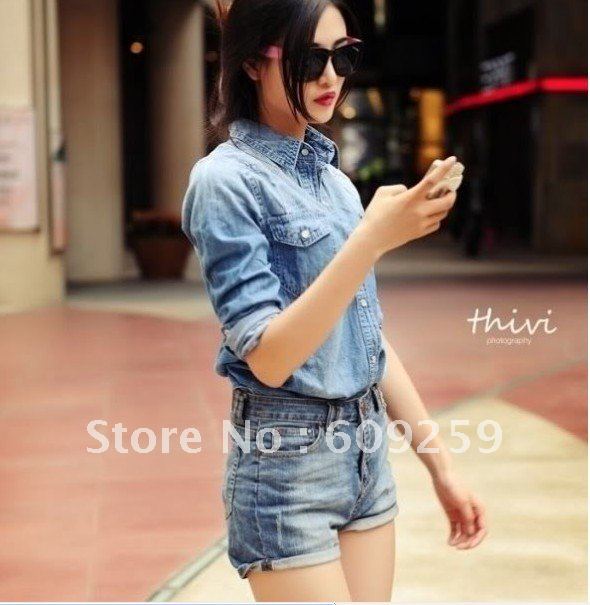 HOT EU Style Lapel Washed Jean T-shirt Outwear Tops