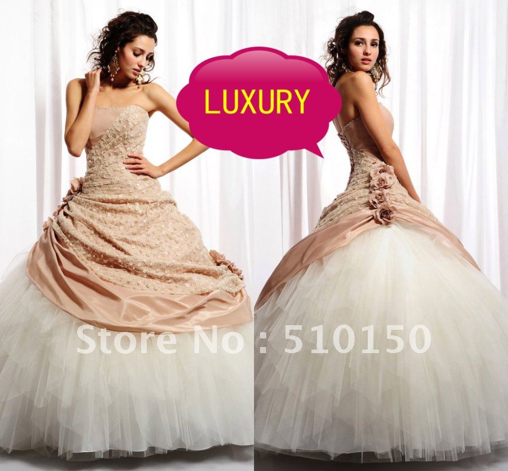 Hot! Exquisite Embroidered Strapless Champagne Taffeta Quinceanera Dresses Birthday Sweet 16 Ball Gowns Dress Free Jacket QD-05