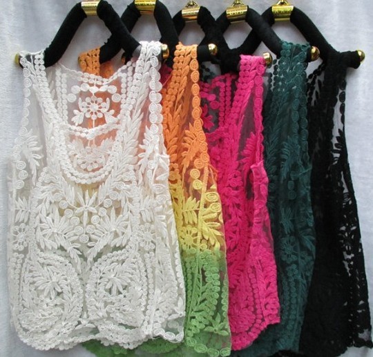 Hot Fashion Beige Embroidery Floral Lace Crochet Blouse Tee Top T Shirt New Sleevess