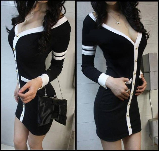 Hot Fashion sexy Women's  Winter Fashion Casual Long Sleeve V-Neck Dress Tops Mini Black free shipping D4