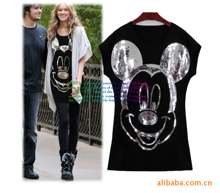 Hot Fashion Summer Europe And America Brand Paillette Mickey Mouse Cotton Women's Loose Casual Dress T Shirt Top Tees Blouse