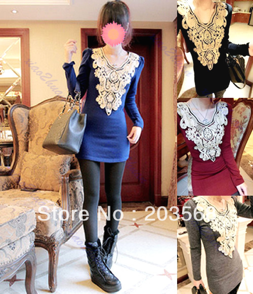 Hot!! Fashion Women Ladies Elegant Flower Lace Slim Long Sleeve Pullover Shirt 4 Colors