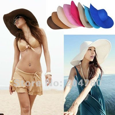 Hot Fashion Women's Foldable Wide Large Brim Floppy Summer Beach Sun Straw Hat Cap Free Shipping 80280