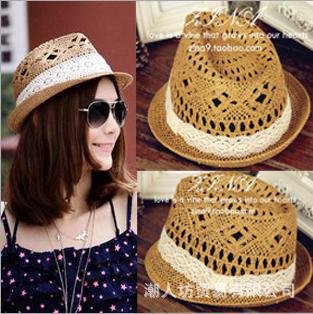 Hot Fashion Women's Lace bowknot is hollow pithy Summer Beach Sun Straw Hat Cap Free Shipping