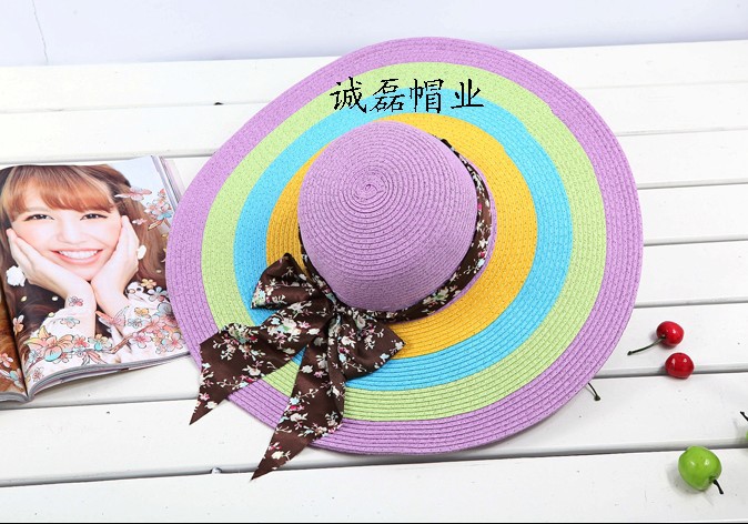 Hot Fashion Women's  Wide  Brim Summer Beach Sun Straw Hat  rainbow Cap