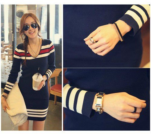 HOT! Fashion Womens V-neck Long sleeve Slim Fit Striped Sweater Jumper WF-0035