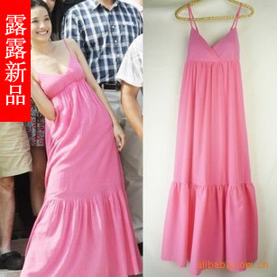 Hot Fluid  rose spaghetti strap full dress bohemia beach dress one-piece dress Free Shipping