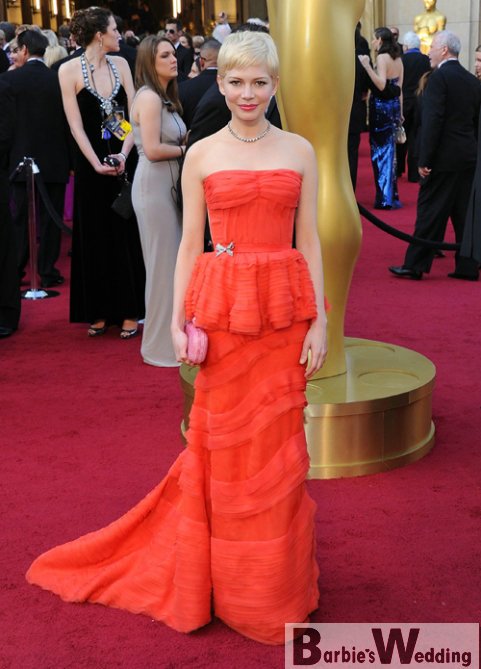Hot! Free shipping 2012 Michelle Williams Oscar Organza Strapless A-line with Brooch Party Dress Guaranteed 100%