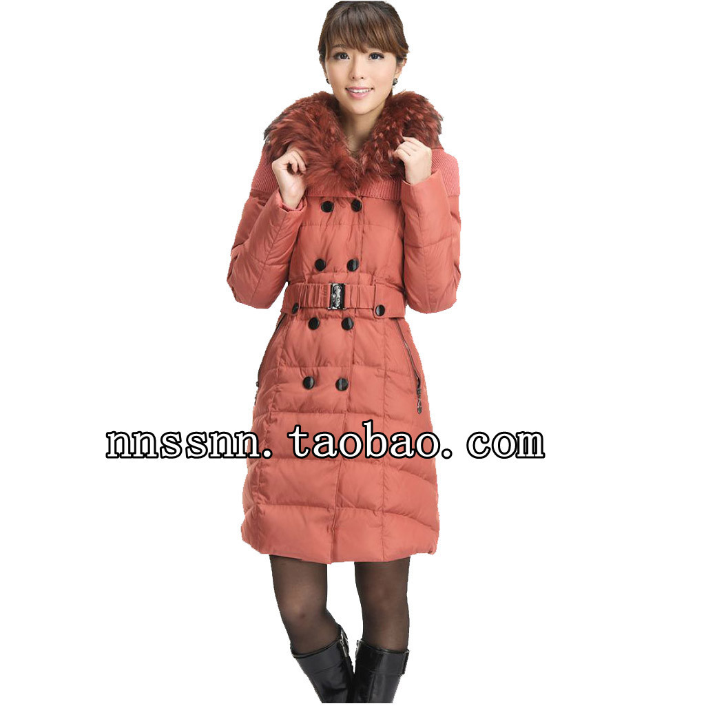 hot free shipping 2012 winter large fur collar double breasted belt medium-long RED DRAGONFLY down coat female