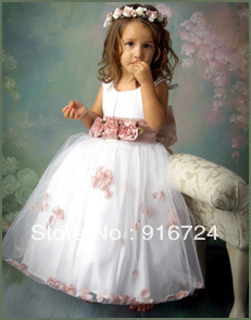 Hot Free Shipping 2013 New Arrival  A-line Flower Girl Dress\Baby Girl Party Dress with Flowers Sash Custom Made