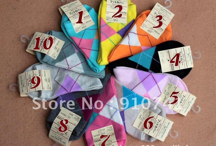 HOT! free shipping! Female socks, female knee-high dimond plaid spring and autumn thick 100% cotton!  lowest price