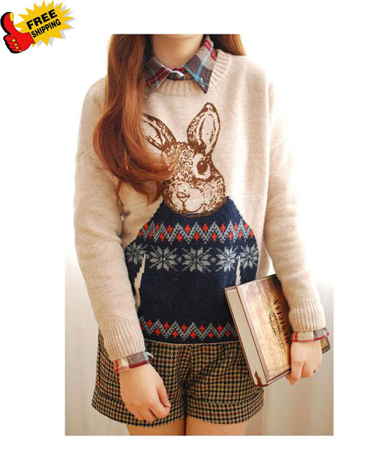 HOT!Free shipping2013 Spring New Dress Geometry Cute Mr. Bunny Printing Long Vintage Snowflake Ladies Formal Cardigan