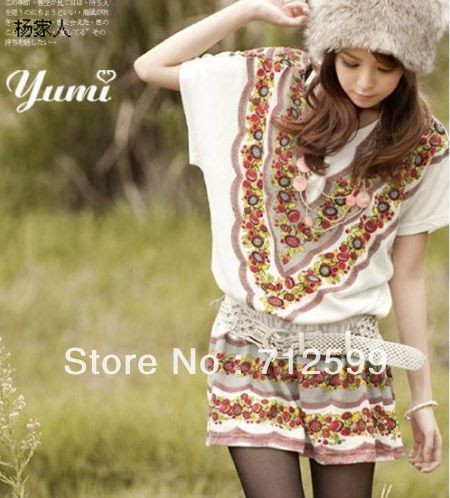 HOT! Gentlewomen vintage double layer V-neck print short-sleeve loose slim waist one-piece dress