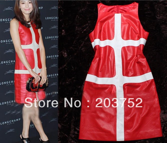 Hot!!High Fashion Winter Luxury Red Colorblock PU Leather Sleeveless Sheath Dress Elegant Celebrity Fashion