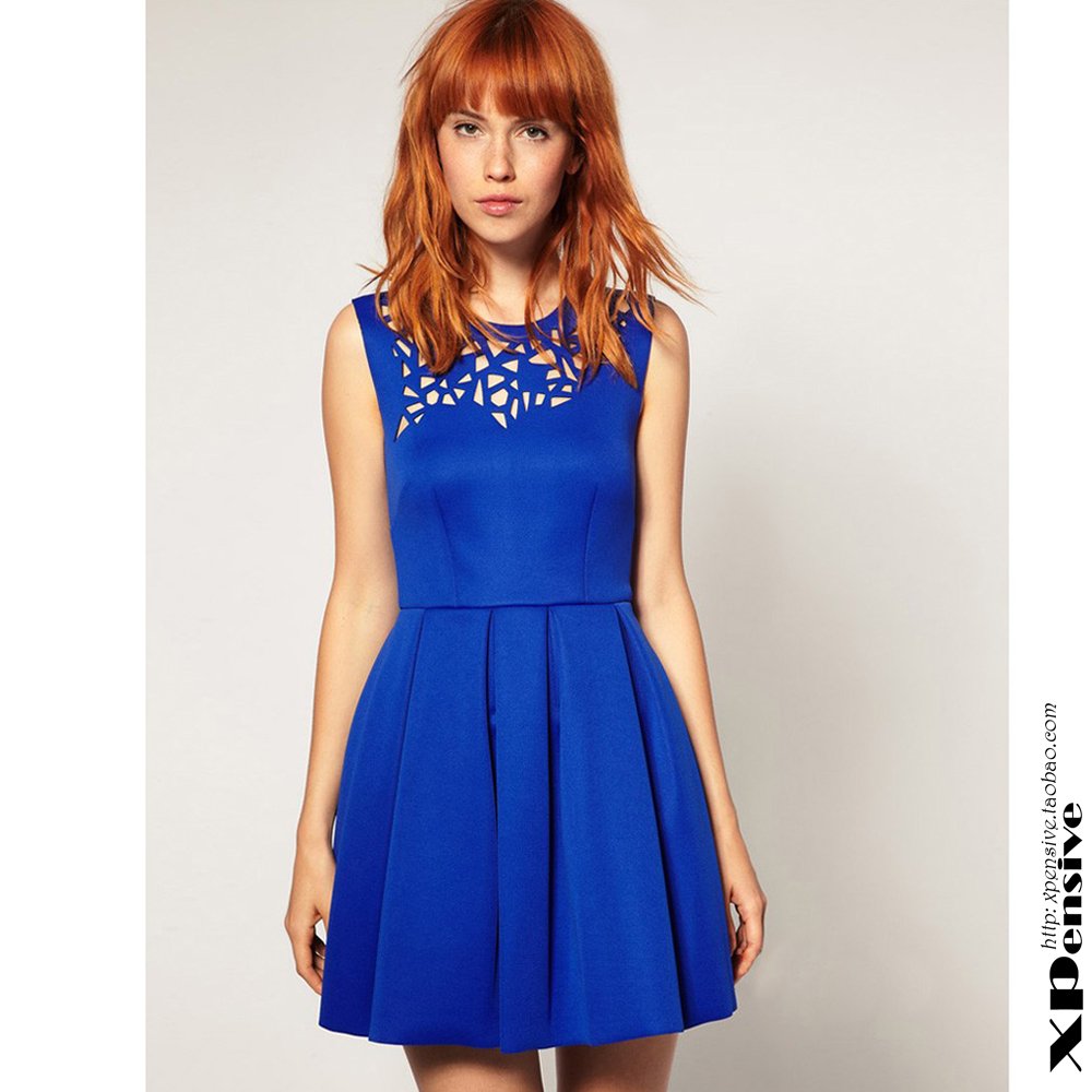 Hot ! irregular hollow out navy blue pleated sleeveless dress for the office  A372