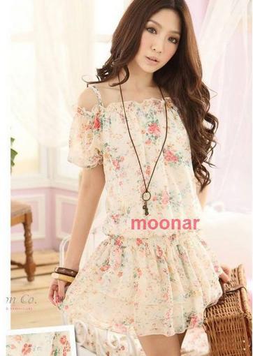 Hot Item Fashion Korean Style Lady's Chiffon Sweet Princess Floral Flat Shoulder Mini Spaghetti Dress Skirt Free Shipping E0431
