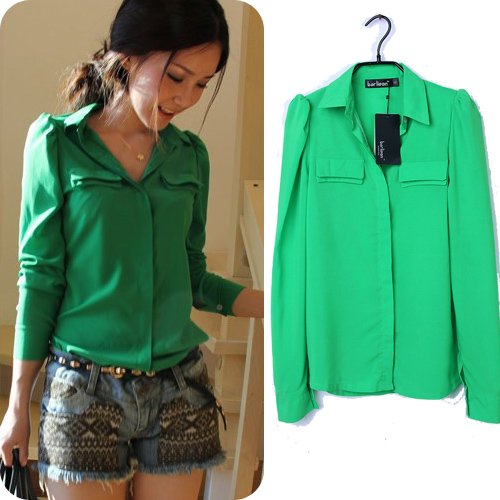 Hot Korean Style Fall Clothes Fashion Candy Color Green/Pink Long Sleeve Chiffon Shirt For Women 8351