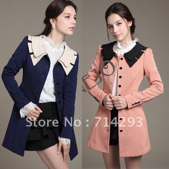 HOT Korean Women's Sweet Long Sleeve Slim Fit Princess Trench Coat Outwear Blue/Pink M,L free shipping 7896