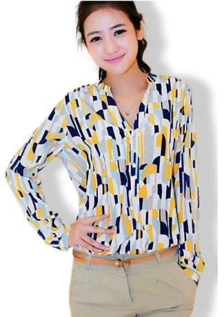 Hot ladies fashion long sleeve V-neck satin shirt, elegent satin blouse tops Pink/Yellow women's sweet shirt 55123