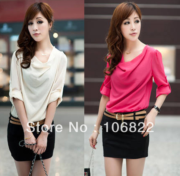 Hot Lady Pleated Neck OL Blocking Dress Shirt Blouse Skirt Long Sleeve Tops New HR441