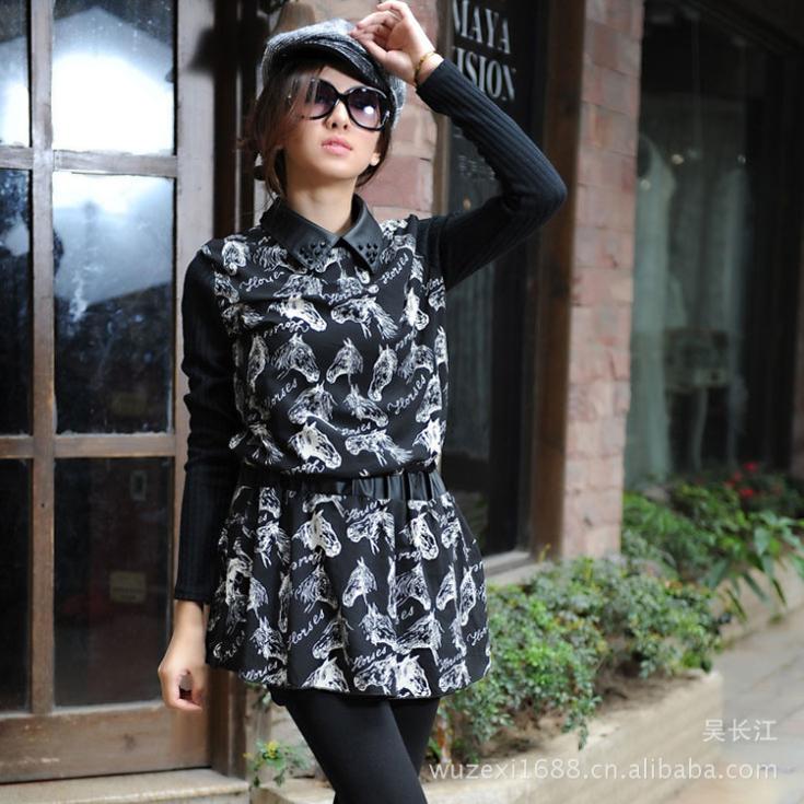 hot new 2013 spring new horsehead printed dress Europe United States spell leather collar long-sleeved skirt