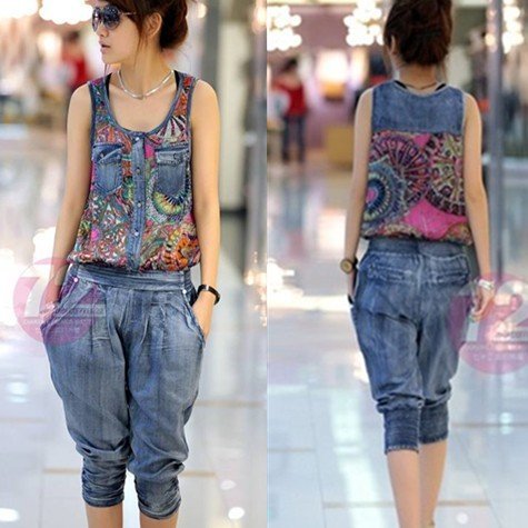 Hot!New arrival free shipping geometric pattern women summer denim overalls vest jumpsuits women rompers lady casual loose jeans