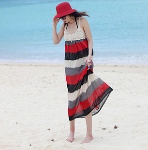 Hot New arrival videohe  bohemia beach dress stripe crochet spaghetti strap stripe one-piece dress beach dress Free Shipping