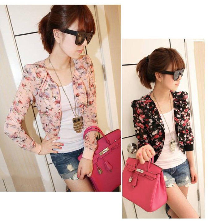 Hot New Fashion Long Sleeve Floral Print Shrug Short Jacket Chiffon Top