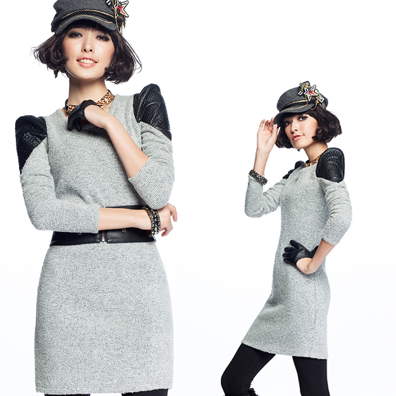 Hot new sale innovative items all express PU leather stitching shrug 25% wool knitting cultivate one's morality dress S136