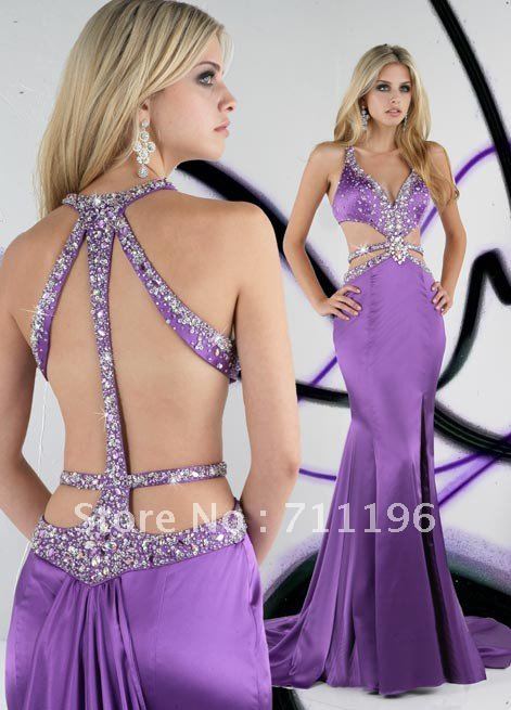 Hot New Sexy V neck Purple Charmeuse Unique Style Back Crystal Beaded Long Prom Dresses