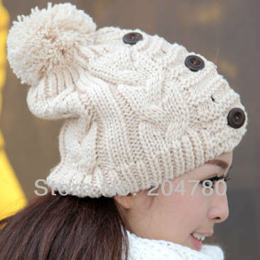 Hot New Women Hat Button Twisted Knitted Hat Female Knitting Wool Warm Hat Free Shipping