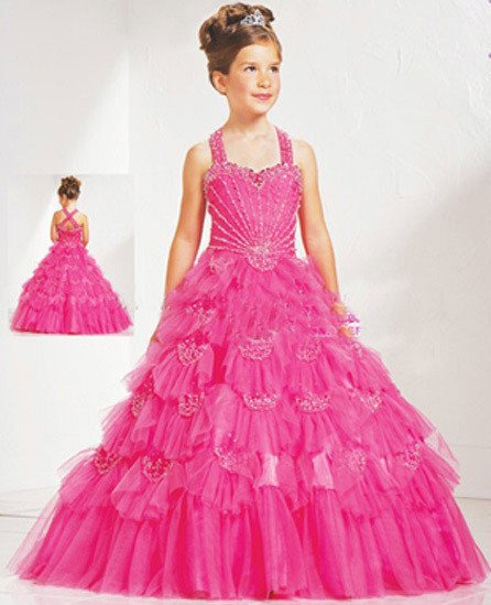 Hot/Pink Flower Girl Halter Princess Cute Ball Dress 12M