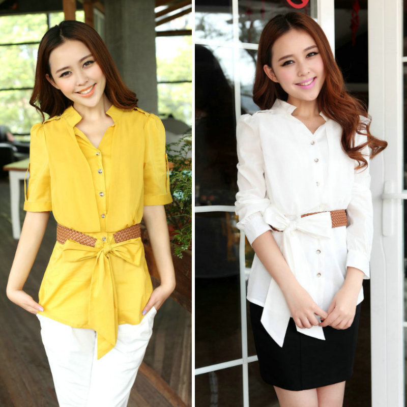 HOT PROMOTION A8353 autumn chiffon V-neck women's long short-sleeve shirt ol vintage short-sleeve shirt with belt