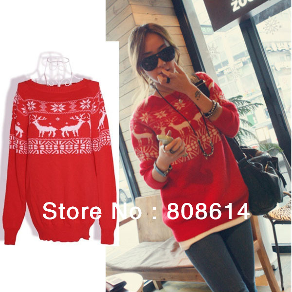 Hot Red Color Winter Warm Christmas Reindeer Snowflake Pullover Knitted Sweater Jumper Womens Ladies Vintage Free Shipping