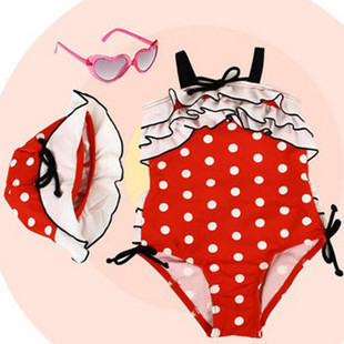 Hot red polka dot one piece swimwear child swimwear swimming cap vickivicki