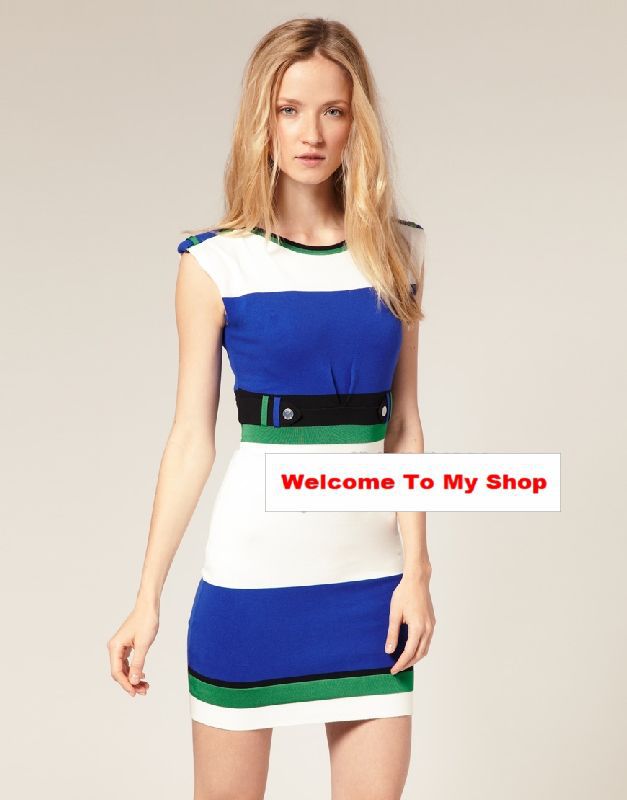 Hot!! /Retail 2013 New  Fashion Stripe spell color belt modified cotton Slim dress