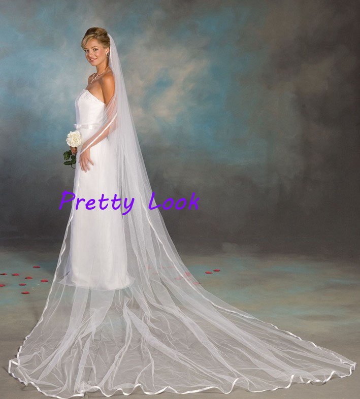 Hot sale! 10pcs/Lot 1 Tier 3M Cathedral Ribbon Edge Bridal Wedding Veil