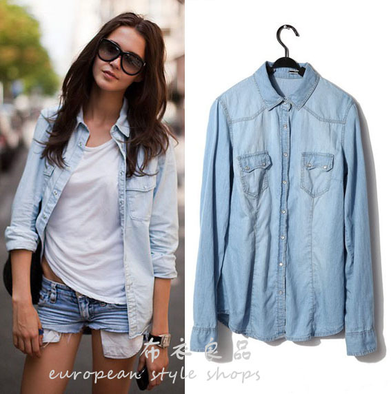 HOT SALE!2012 Autumn New Fashion European Plus Size Women's Washed Denim Shirt,Long-sleeve Slim Blouse Free shipping 2188