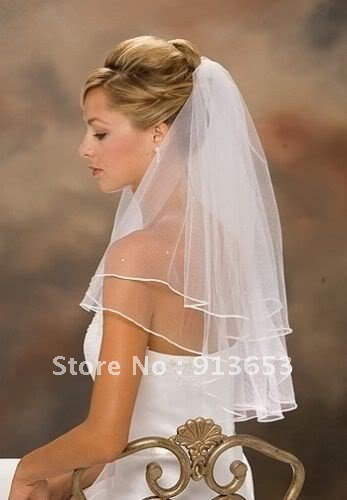 Hot Sale 2012 In Stock Two Layers White  Veils Tulle Pearl Ribbon Edge Comb Wedding Veil Bridal Accessory