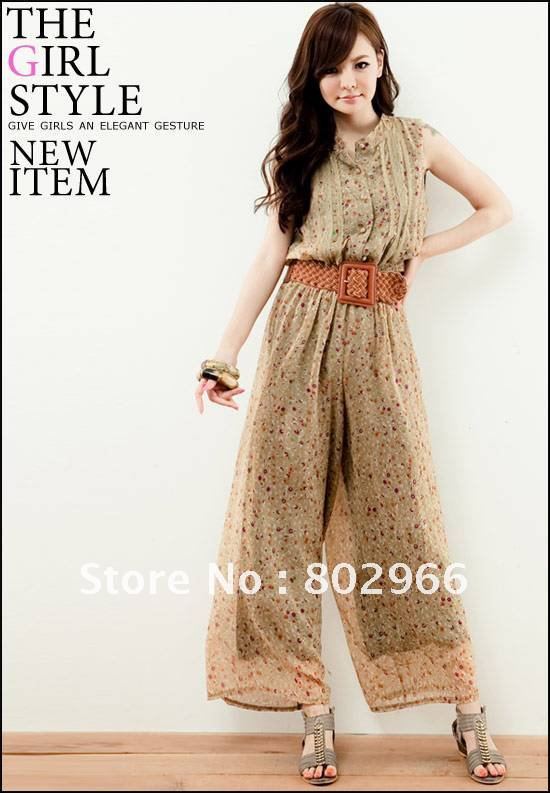 hot sale 2012 new free shipping Korea sweet women summer chiffon jumpsuit YL9566 khaki/black